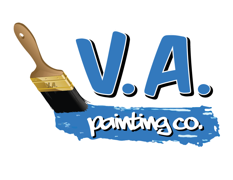 V.A. Painting Co. Logo - Blue letters spelling out VA with a paint brush drawing a blue line of paint underlining VA with the words Painting Co in white on the paint stroke